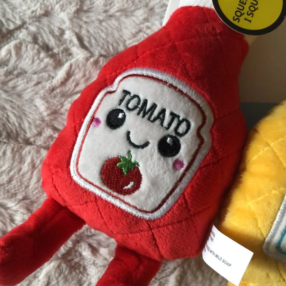 Plush Condiment Trio DOG TOYS - Red Tomato, Yellow Mustard, Green Relish